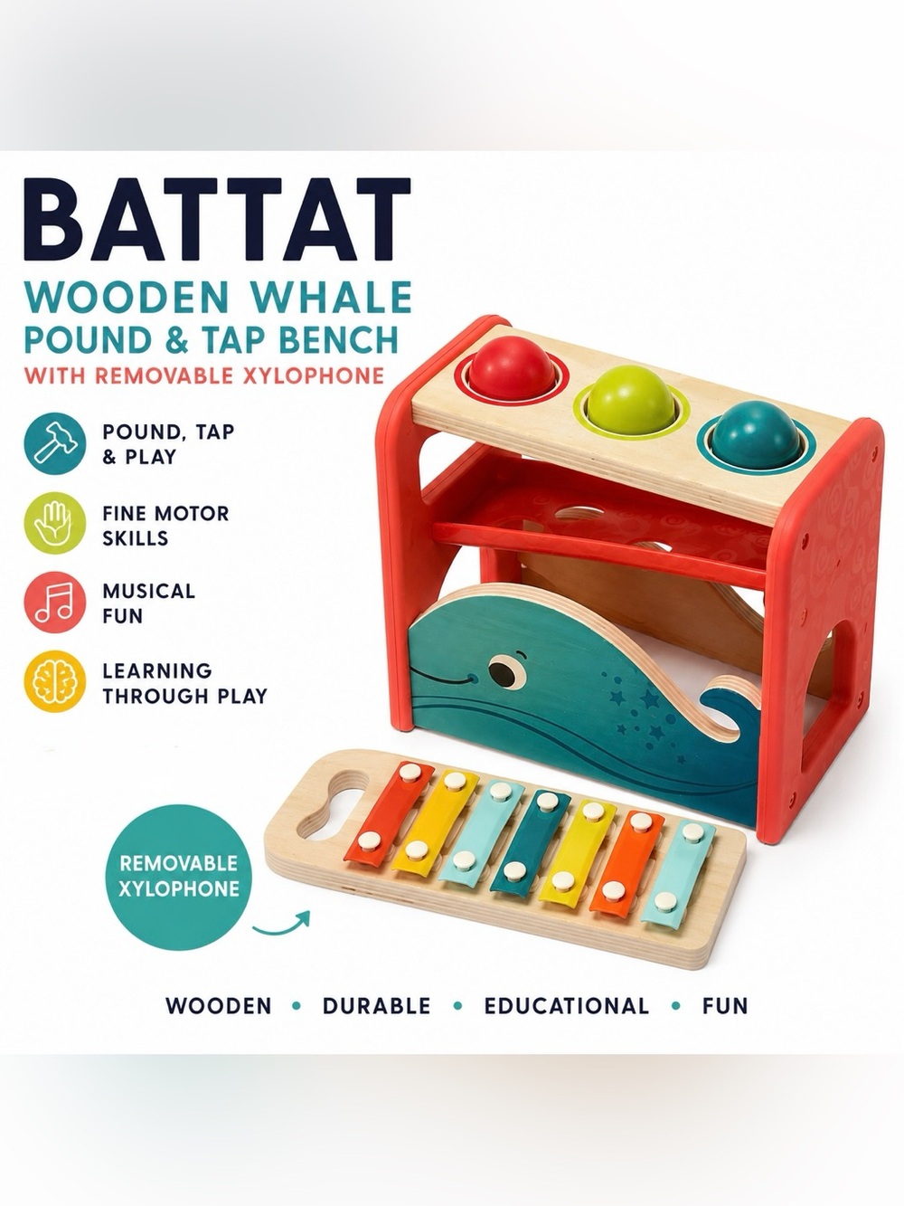 Battat Wooden Whale Pound & Tap Bench with Xylophone | Montessori Musical Toy - Picture 1 of 9